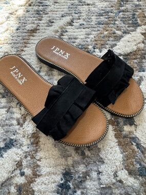 Black Ruffle Slide Sandals for Women